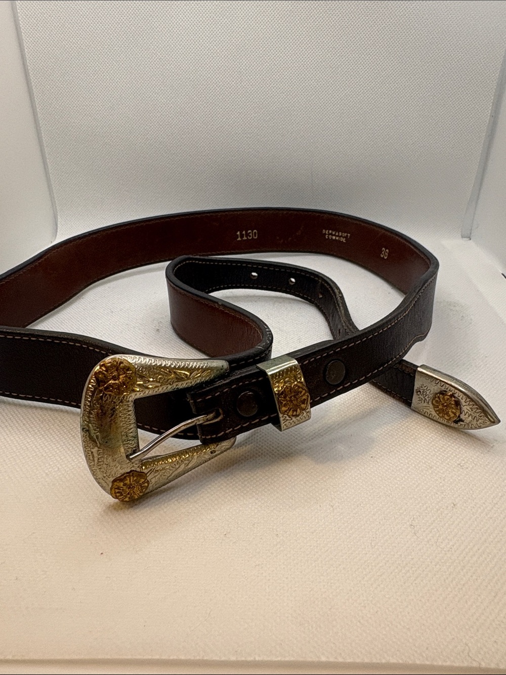 Vintage Brown Leather Western Belt with silver and gold -Tone Engraved Buckle
